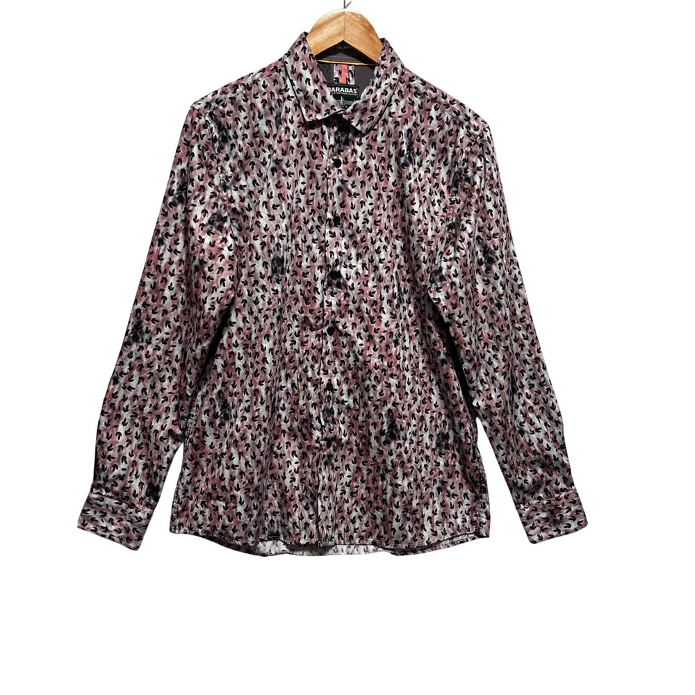 Barabas Mens‎ Abstract Button Up Shirt Pink Black Leaf Print Statement Designer